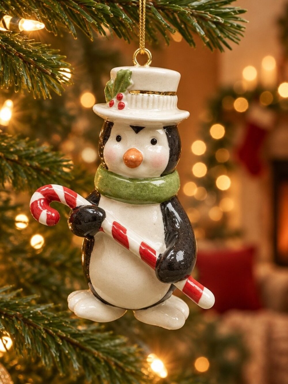Lenox Penguin Ceramic Ornament With Candy Cane & Scarf Holiday Decoration